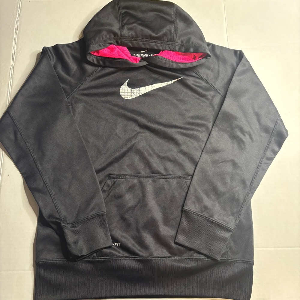 Nike Therma-FIT Kids Black Pink Swoosh Pullover Hoodie Size Large L